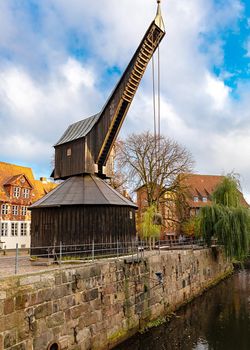 Lueneburg, Germany, historical industrial monument: the old crane in the old port of the Hanseatic city