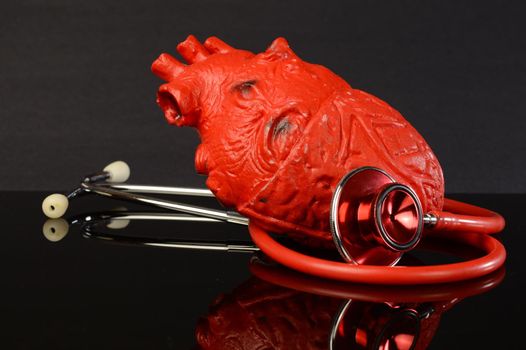 A human heart and stethoscope come together for a concept of healthy cardiovascular practice.