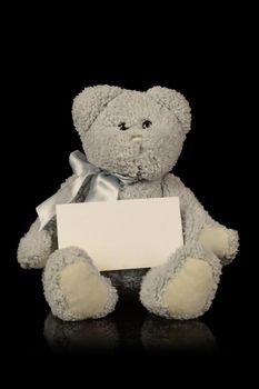 A teddy bear holding a blank notecard with copyspace for your desired text to be written.