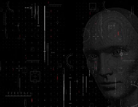 Robot face made from dots with dark background - 3d rendering