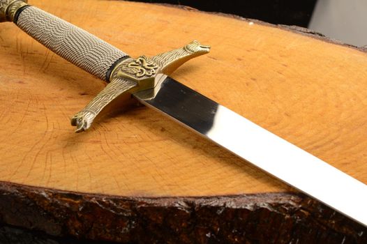 A closeup view of a dagger on a piece of freshly cut wood.