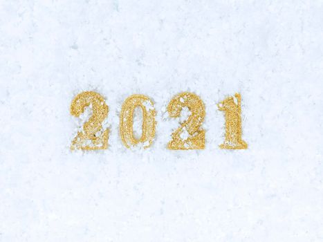 New year 2021 figures on a white snow texture background.