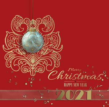 Holiday 2021 New Year Christmas card in red colour. Pastel blue hanging Xmas balls baubles with golden oriental ornament, gold digit 2021. Text with Christmas wishes, 3D render