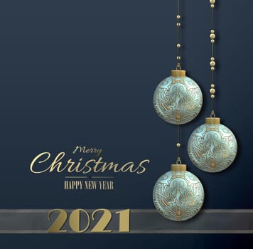 New Year 2021 Christmas holiday card with hanging turquoise blue Xmas balls baubles with gold oriental ornament, gold digit 2021 on blue black background. 3D rendering. Place for text