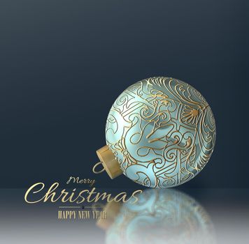 Christmas New Year holiday card with turquoise blue Xmas ball bauble with golden ornament on blue black background with reflection. Gold text Merry Christmas Happy New Year. 3D render