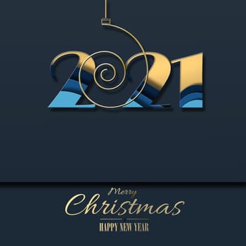 Holiday New Year 2021 card with hanging digit number 2021with gradient gold blue colours on blue black background. Copy space. 3D illustration