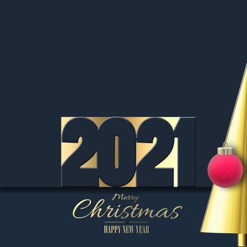 Holiday New Year 2021 card with gold digit 2021, Xmas tree, 3D red ball on black dark blue background. 3D rendering