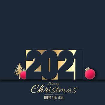2021 Holiday New Year card with gold digit 2021, abstract Xmas ornaments gold tree, pink balls over black dark blue background. 3D rendering