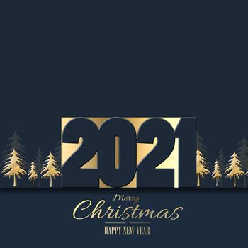 Holiday New Year 2021 card with gold digit 2021, abstract Xmas symbol gold trees over black dark blue background. 3D rendering