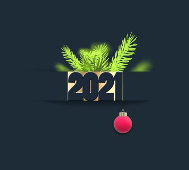 Holiday New Year 2021 card with gold digit 2021, Xmas tree branches, hanging red ball on black dark navy blue background. 3D rendering