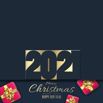 Luxury Holiday New Year 2021 card with gold digit 2021, pink red Xmas gift boxes over black dark navy blue background. Gold text with Christmas New Year wishes. 3D rendering