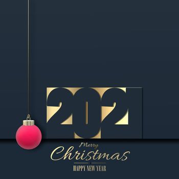 Holiday New Year 2021 abstract corporate business card with gold digit 2021, hanging pink ball, gold text Merry Christmas Happy New Year over gold black dark blue background. 3D rendering