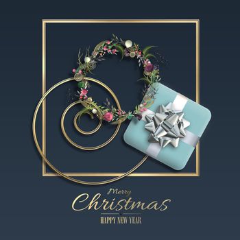 Modern unusual minimalist Christmas ornament in blue gold colours. Xmas realistic wreath, Xmas gift box with silver bow over dramatic blue. Gold text with Christmas wishes. 3D illustration