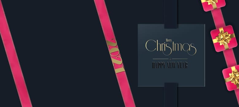 Beautiful Christmas New year 2021 holiday invitation in black gold red. Xmas gift boxes with shiny gold bow, golden digit 2021 on black blue background. Abstract minimalist luxury 3D illustrartion