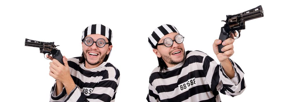 Prison inmate with gun isolated on white