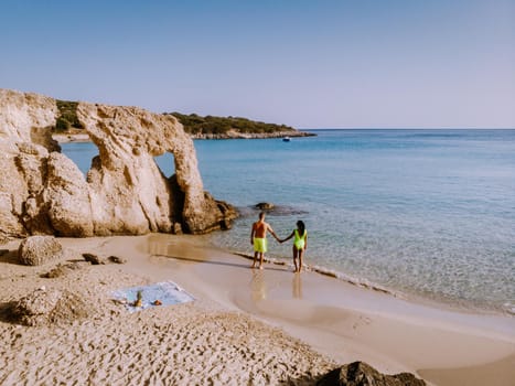 Tropical beach of Voulisma beach, Istron, Crete, Greece ,Most beautiful beaches of Crete island -Istron bay near Agios Nikolaos drone aerial view