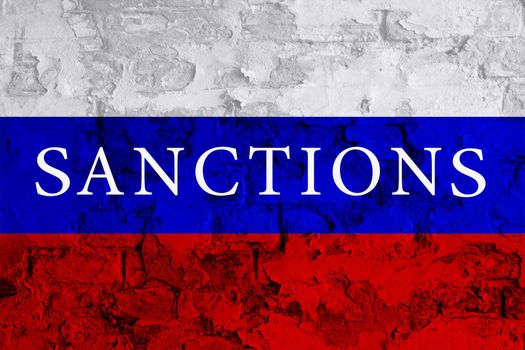 Economy sanctions. Inscription sanctions on Russia flag. Impact concept. Embargo Moscow. Sanctions Russia. Russia Flag. Restrictive sanctions Russia. International politics. Embargo USA. Related Putin