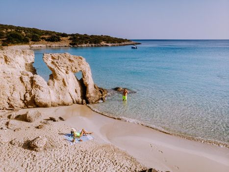 Tropical beach of Voulisma beach, Istron, Crete, Greece ,Most beautiful beaches of Crete island -Istron bay near Agios Nikolaos drone aerial view