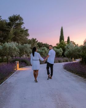 couple walking path with lavender during sunset in the Provence France Europe