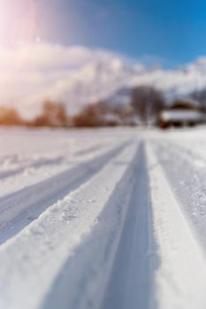 Cross-country skiing slope in Austria, beautiful mountain scenery, blurry background