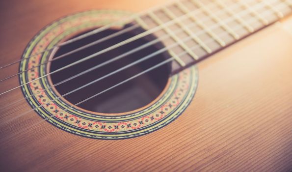 Cutout of a classical guitar corpus and strings, closeup