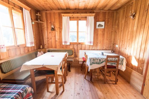 Inside of a rustic wooden hut or cabin, Austria