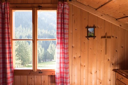Inside of a rustic wooden hut or cabin, Austria