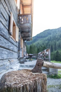 Old axe attached to a tree trunk, alpine hut