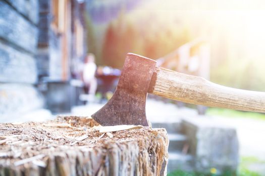 Old axe attached to a tree trunk, alpine hut