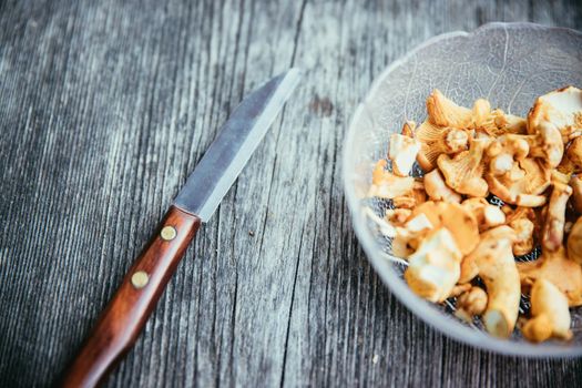 Preparing chanterelle mushrooms on an old rustic wooden table