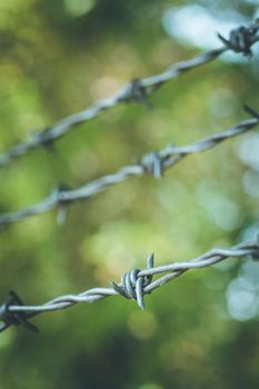 Barbed wire on a metal fence to demarcate the border, closeup, blurry background