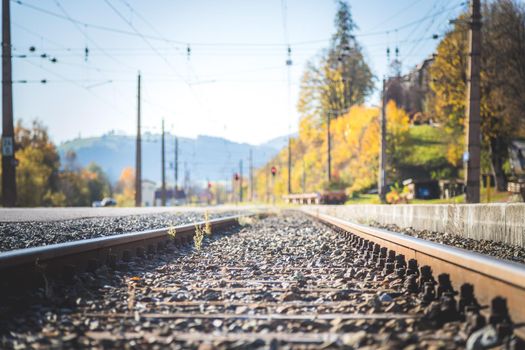 Landscape of an old abandoned railway in fall. Warm light, sustainable traveling