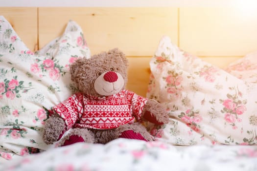 Cute teddy bear toy is sitting in the bed, wakeup at morning, sunlight