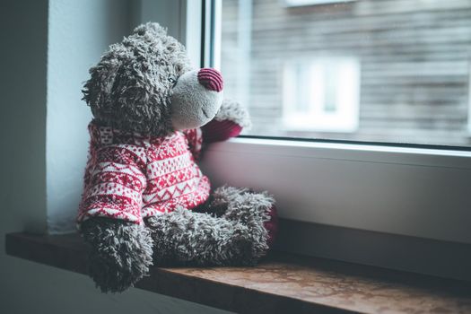 Cute teddy bear is sitting on the windowsill, looking out of the window