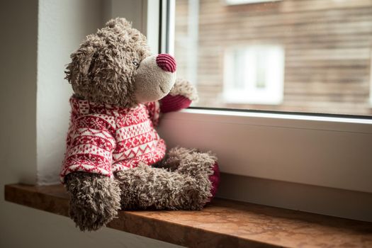 Cute teddy bear is sitting on the windowsill, looking out of the window