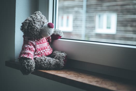 Cute teddy bear is sitting on the windowsill, looking out of the window