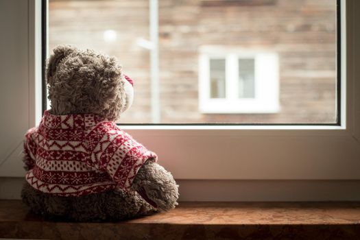 Cute teddy bear is sitting on the windowsill, looking out of the window