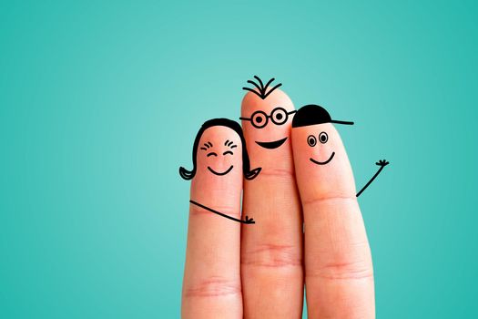 Painted fingers happy family concept, blue background