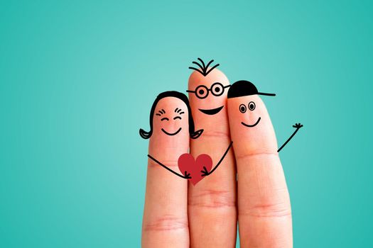 Painted fingers happy family concept, blue background