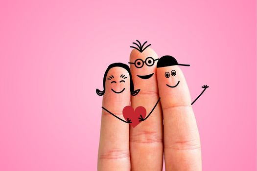 Painted fingers happy family concept, pink background