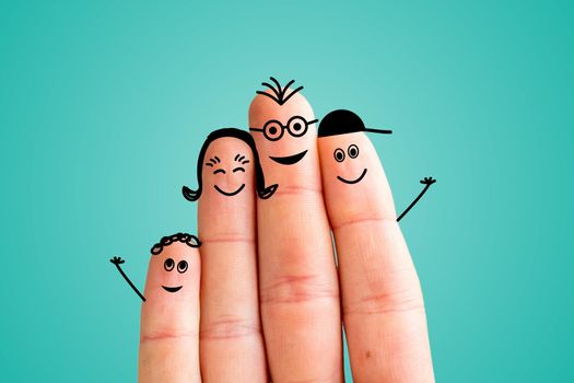 Painted fingers happy family concept, blue background