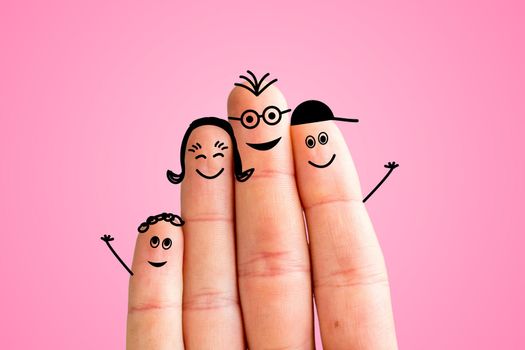 Painted fingers happy family concept, pink background