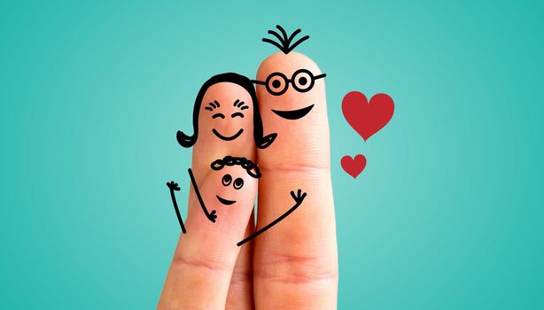 Painted fingers happy family concept, blue background