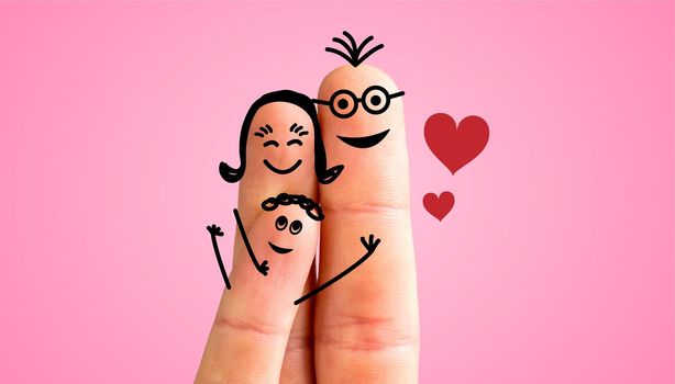 Painted fingers happy family concept, pink background