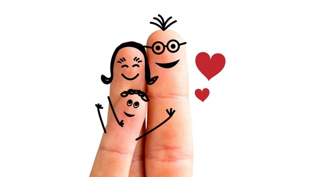 Painted fingers happy family concept, white background, isolated