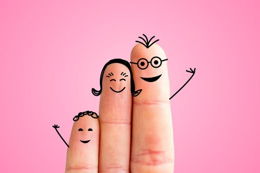 Painted fingers happy family concept, pink background