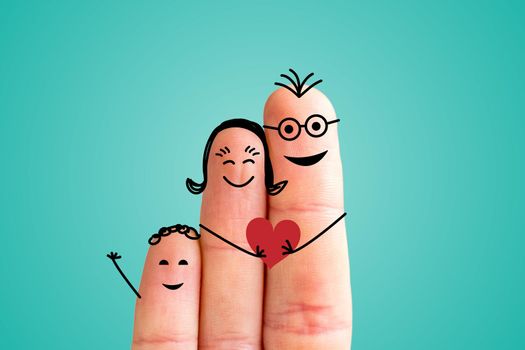 Painted fingers happy family concept, blue background