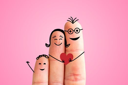 Painted fingers happy family concept, pink background