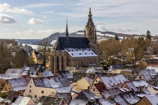 High angle view of the city Meisenheim, Germany in winter with snow