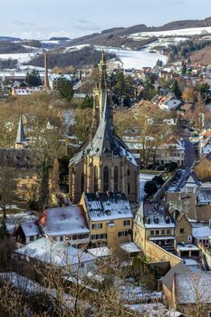High angle view of the city Meisenheim, Germany in winter with snow